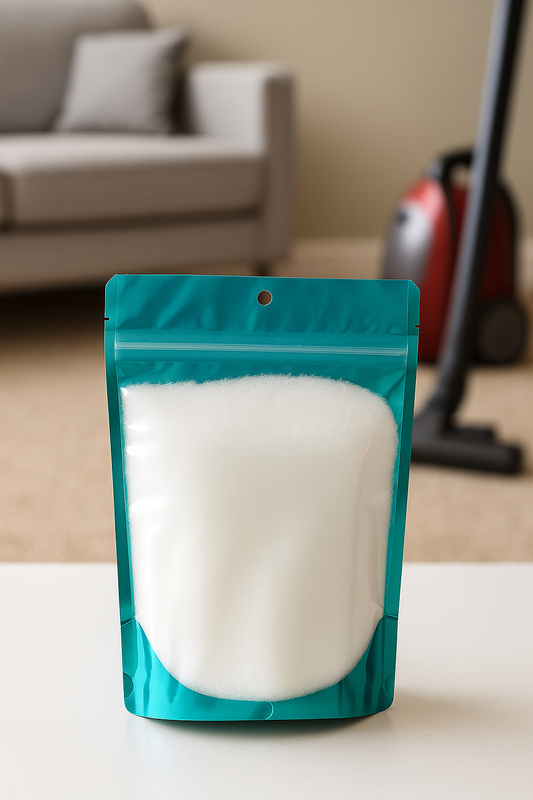 Teal package with white contents on a surface with a blurred background