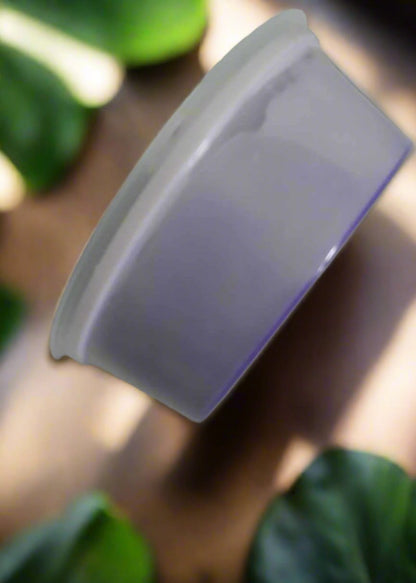 All-natural scoopable wax melts in a sleek dish surrounded by green leaves, showcasing an eco-friendly aesthetic.