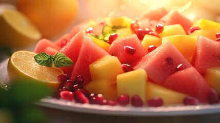 Vibrant platter of fresh watermelon, mango, and pomegranate with lemon and mint garnishing.