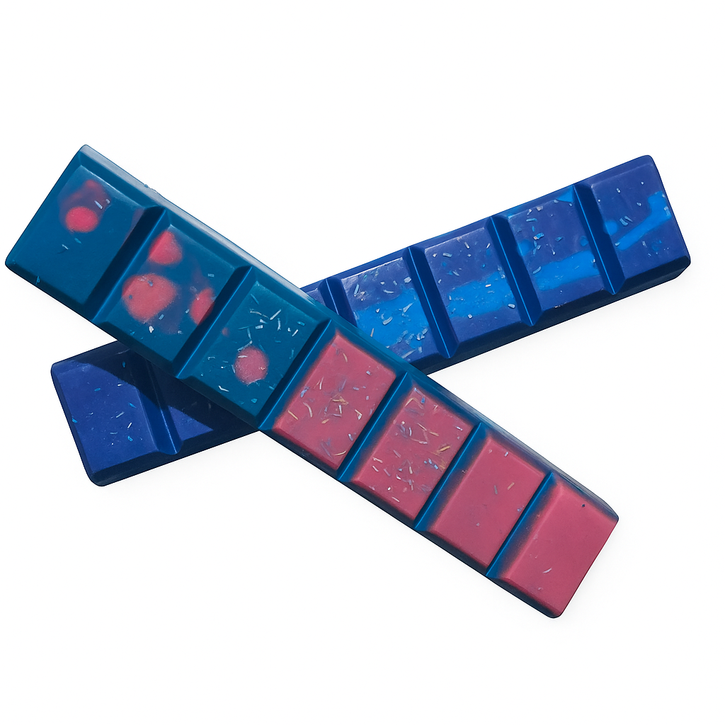 Colorful Shimmering Scent Bar Wax Melts, a plant based wax melt scent bars product, featuring blue and pink designs.