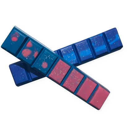 Colorful Shimmering Scent Bar Wax Melts, a plant based wax melt scent bars product, featuring blue and pink designs.