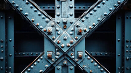Close-up of a blue metal framework with intricate rivets, showcasing structural design and industrial aesthetics.