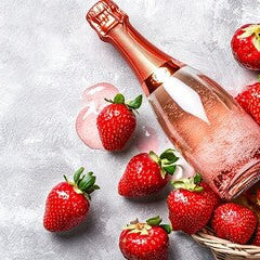 Bottle of sparkling wine with strawberries on a light gray background