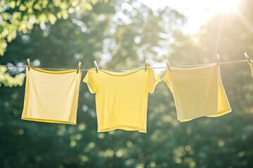 Yellow shirts hanging on a clothesline with a blurred green background