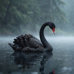Black swan on a misty lake with trees in the background