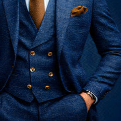 Blue suit with gold buttons on a dark blue background