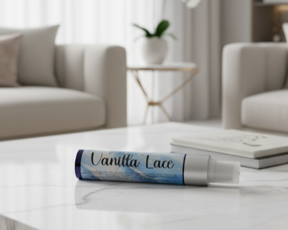 Vanilla Lace product on a marble table with a blurred living room background