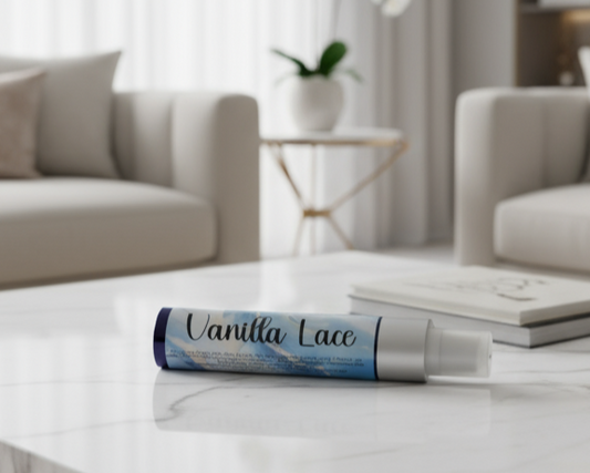 Vanilla Lace product on a marble table with a blurred living room background