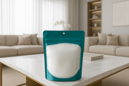 Teal packaging with white content on a coffee table in a living room setting