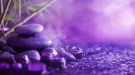 Stack of purple stones with bamboo on a purple background