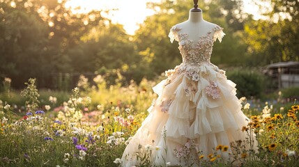 Elegant floral dress on a mannequin in a sunlit wildflower field, showcasing romantic design and lush fabric details.