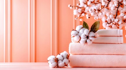 Soft cotton towels stacked with cotton branches on a pastel background, evoking a fresh and airy atmosphere.