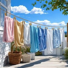 Clothes hanging on a line outside a house with a scenic view