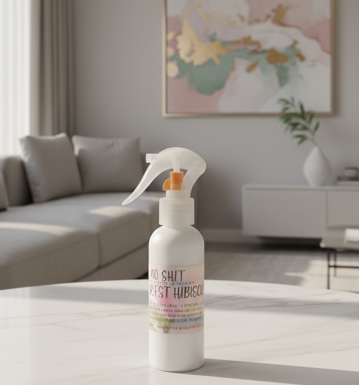 Spray bottle labeled 'SUIT YOURSELF' on a white surface with a modern living room in the background.
