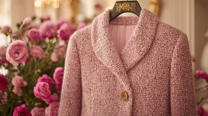 Pink textured coat on a mannequin with pink flowers in the background