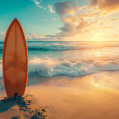 Orange surfboard on a sandy beach with waves and a sunset sky.
