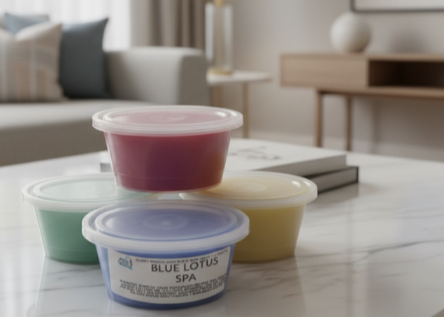 Colorful wax melt containers on a coffee table in a living room setting