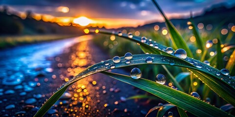 Close-up of dew drops on green grass blades with a vibrant sunset in the background, showcasing nature's beauty.