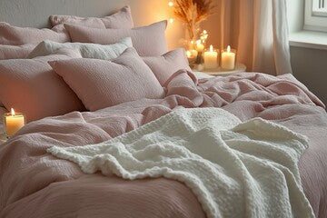 Cozy bedroom with pink bedding, fluffy pillows, warm candles, and a soft white throw blanket for a comforting atmosphere.